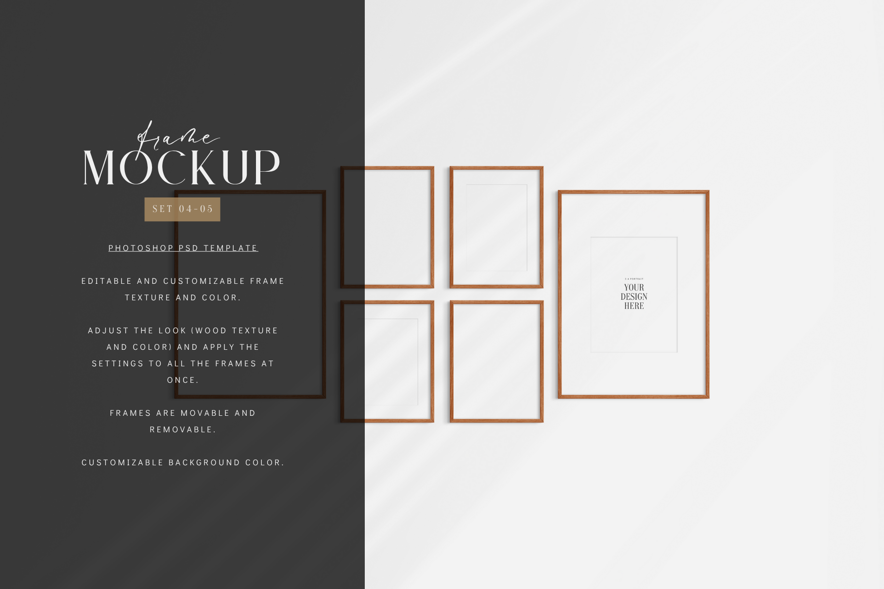 Gallery wall mockup set of 6 frames with customizable colors, shadows, and mat/passepartout.