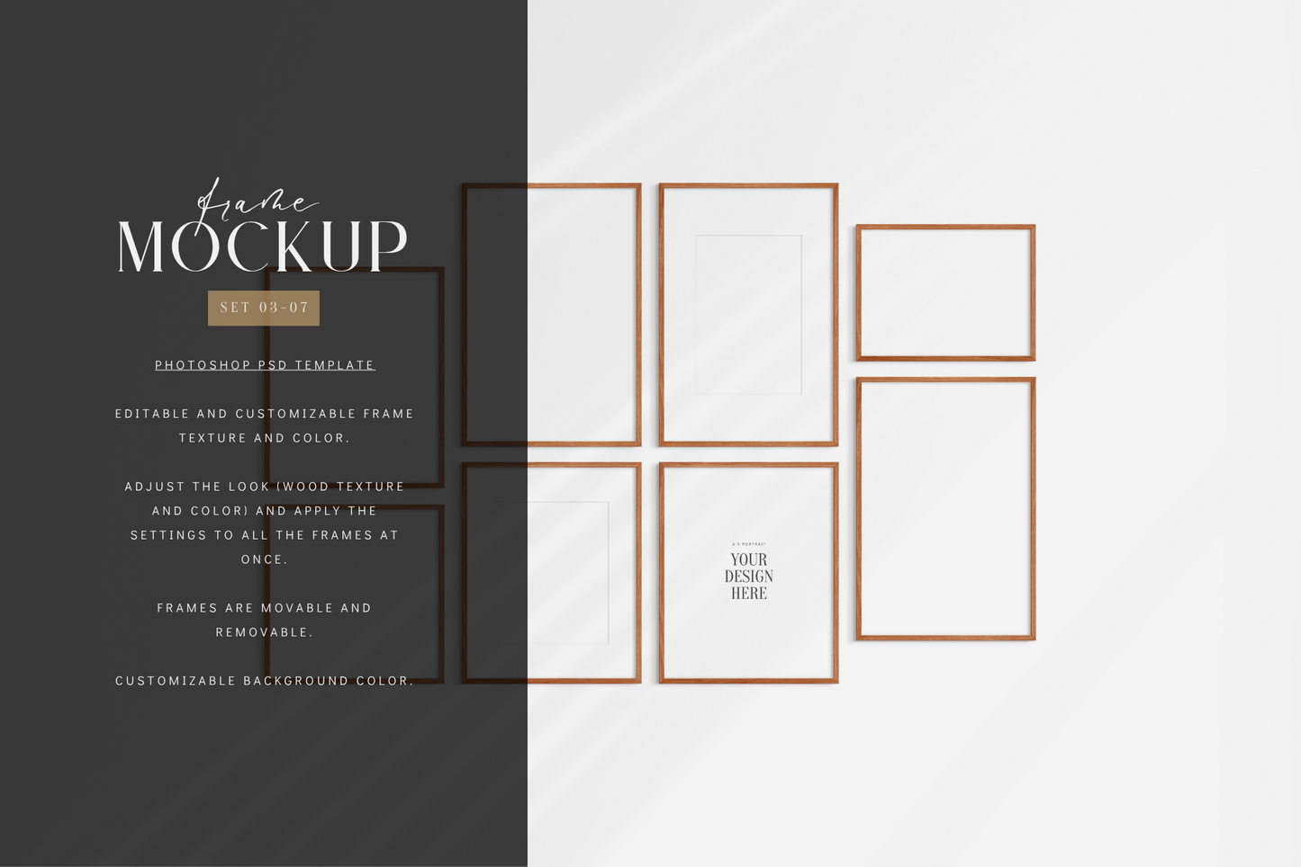 Gallery wall mockup set of 8 frames with customizable colors, shadows, and mat/passepartout.