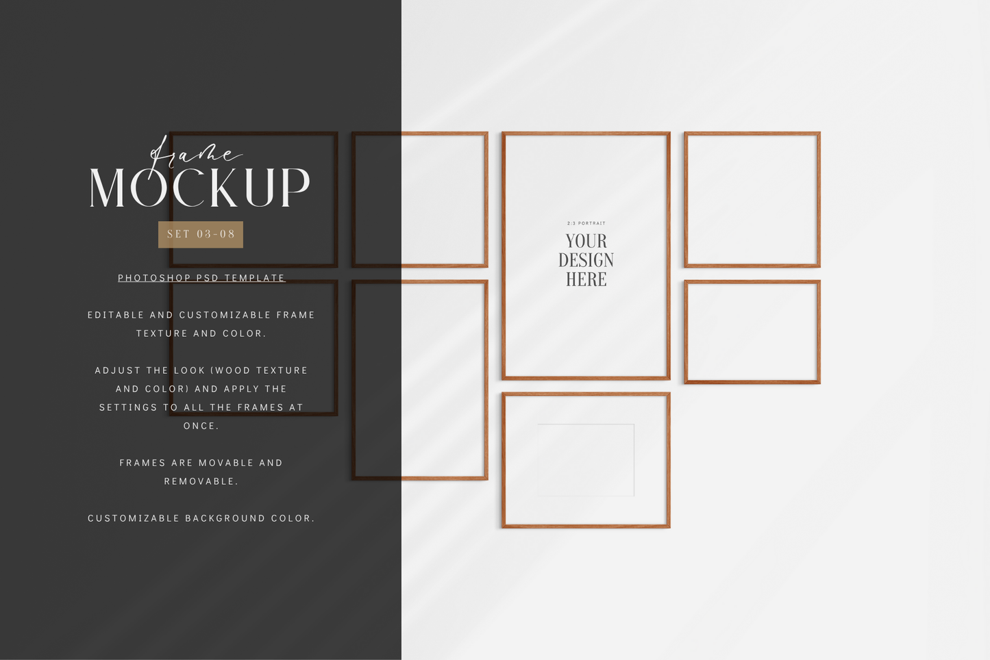 Gallery wall mockup set of 8 frames with customizable colors, shadows, and mat/passepartout.