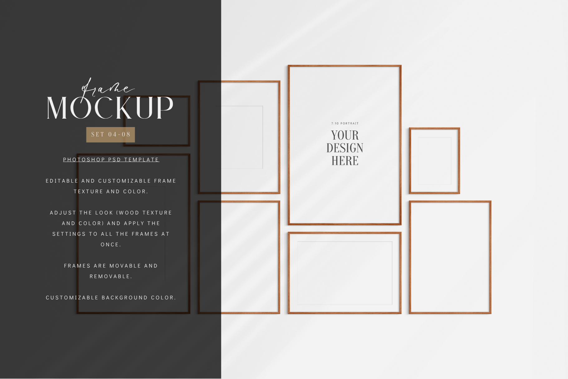 Gallery wall mockup set of 8 frames with customizable colors, shadows, and mat/passepartout.