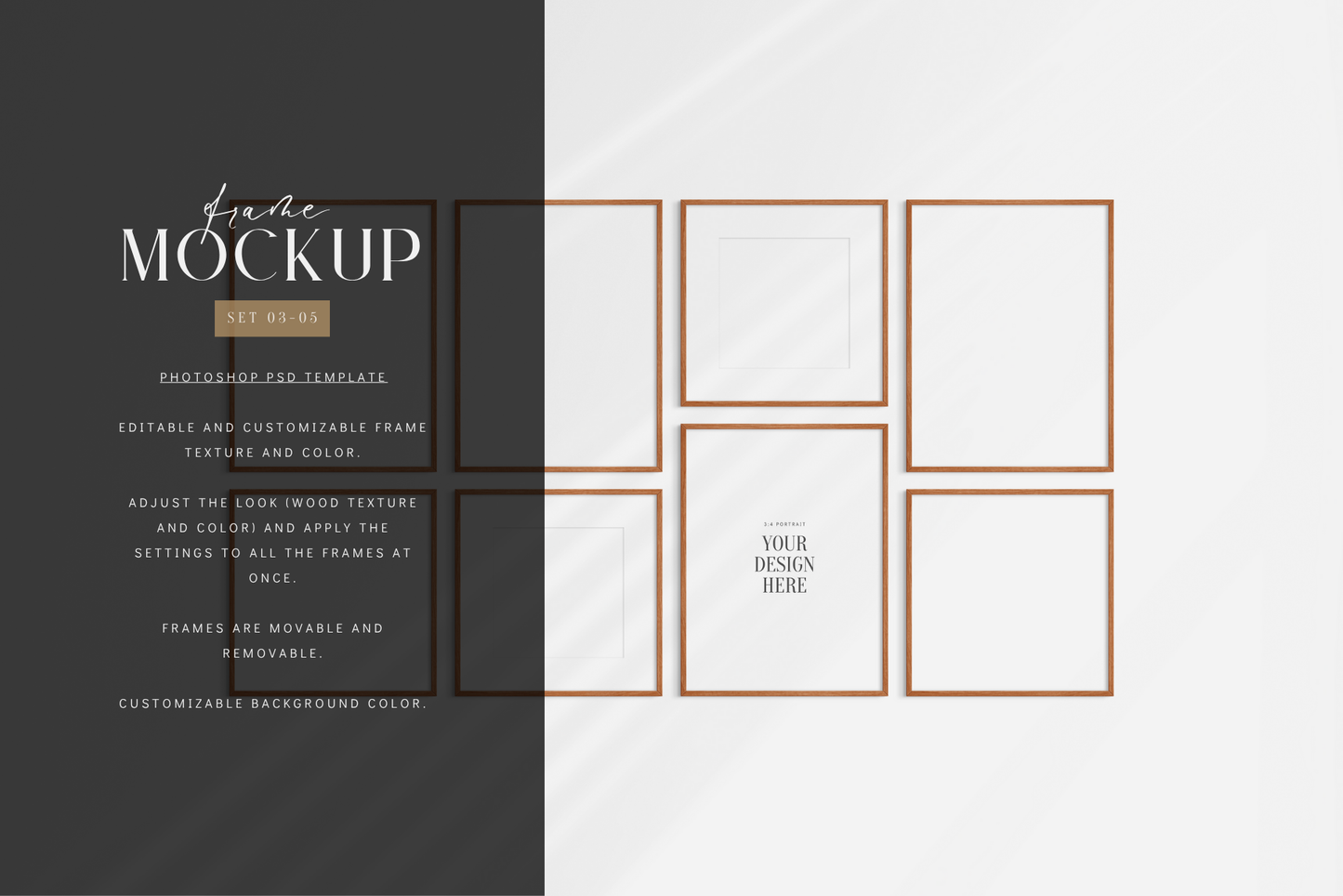 Gallery wall mockup set of 8 frames with customizable colors, shadows, and mat/passepartout.