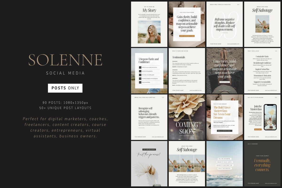 SOLENNE social media Canva templates featuring elegant Instagram post layouts for course creators and service providers.