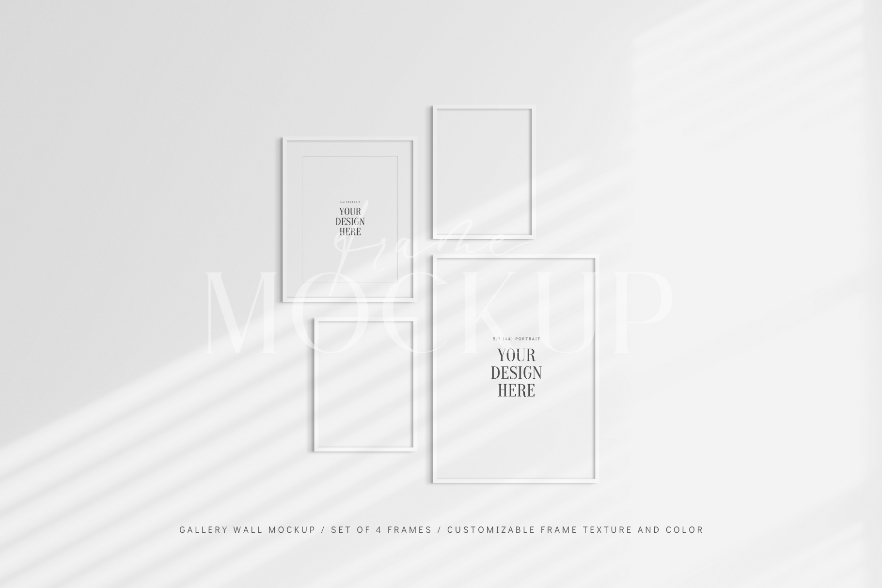 Gallery wall mockup set of 4 movable white frames with mat/passepartout and shadows.