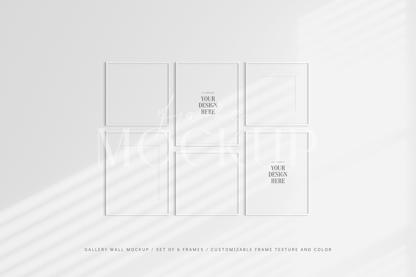 Gallery wall mockup set of 6 square and vertical 3:4 white frames with shadow overlays.