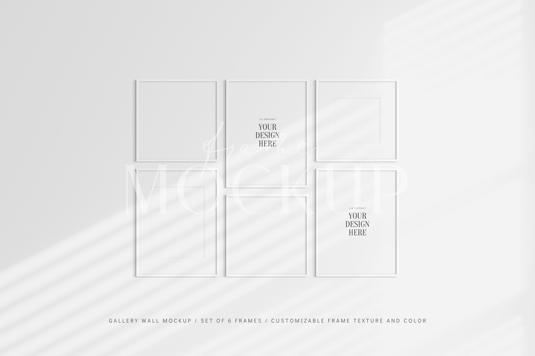 Gallery wall mockup set of 6 square and vertical 3:4 white frames with shadow overlays.
