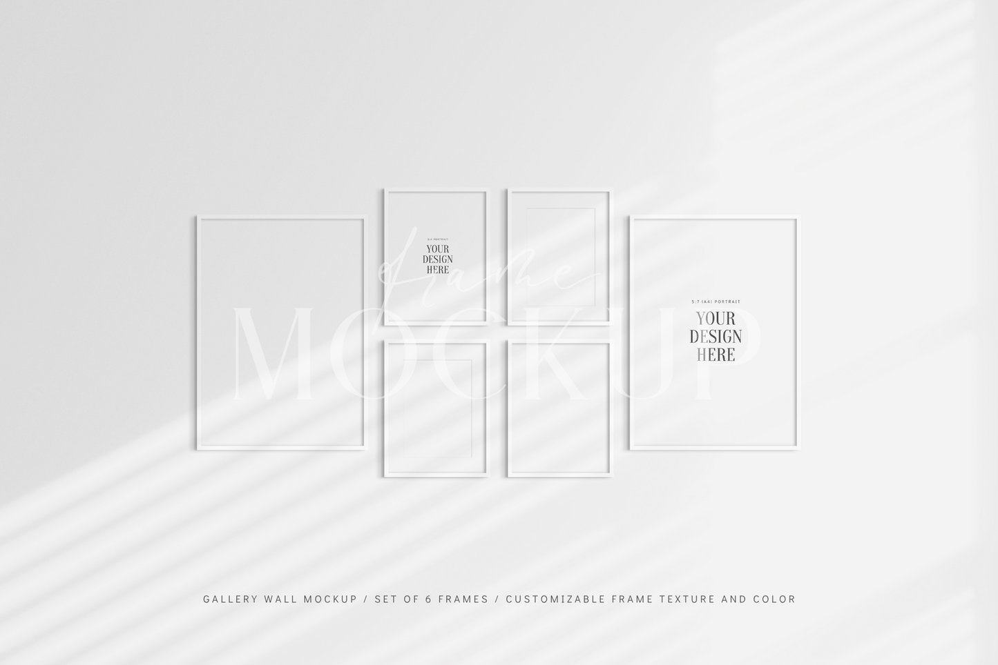 Gallery wall mockup set of 6 vertical white frames with mat/passepartout and shadows.