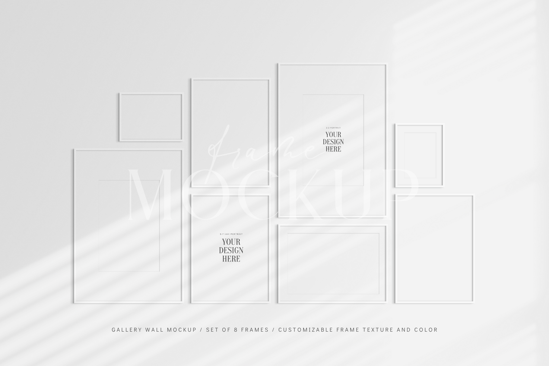 Gallery wall mockup set of 8 movable white frames with mat/passepartout and shadows.