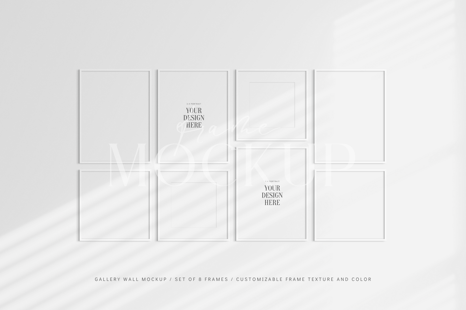 Gallery wall mockup set of 8 square and vertical 3:4 white frames with shadow overlays.