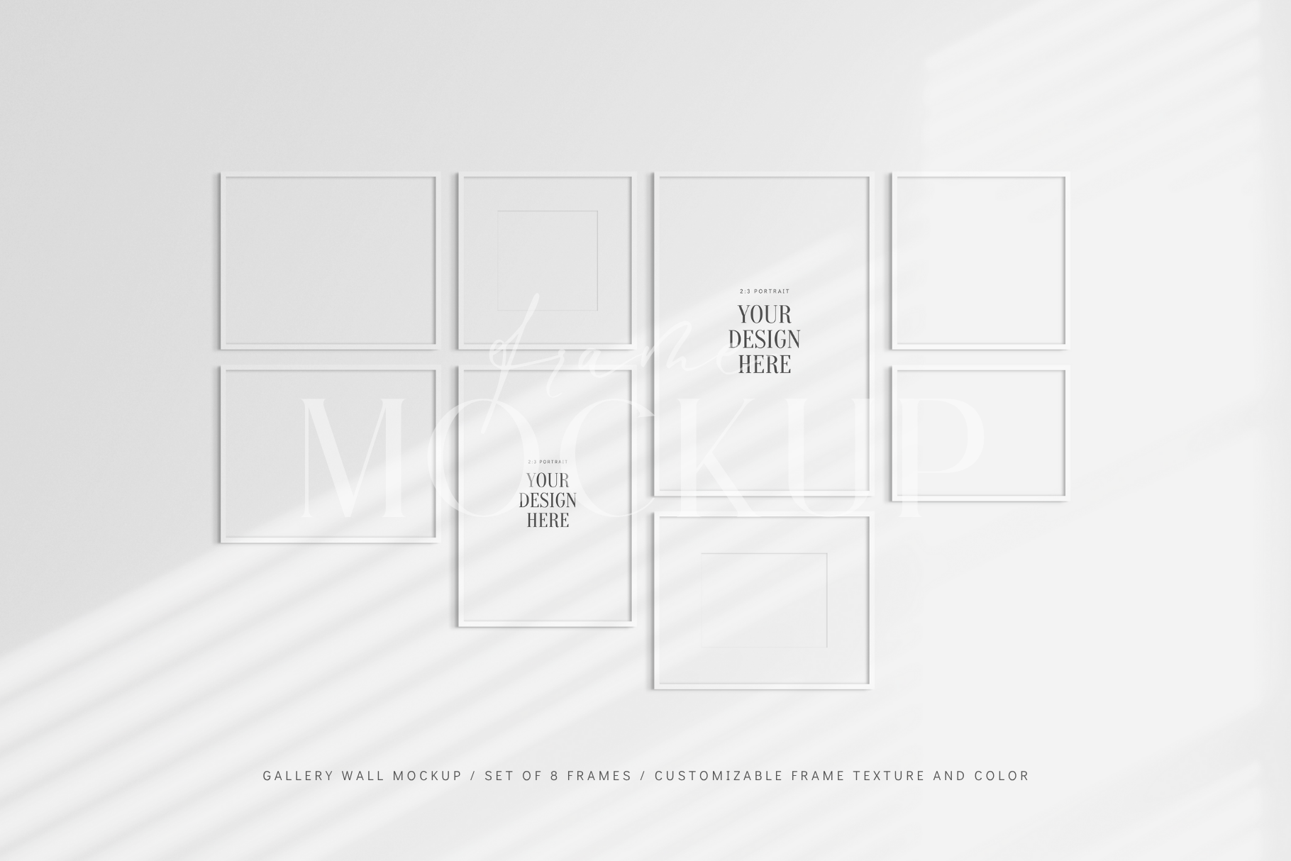 Gallery wall mockup set of 8 square, vertical, and horizontal white frames with shadows.