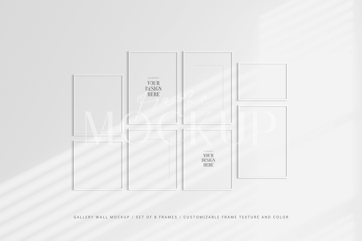 Gallery wall mockup set of 8 square, vertical, and horizontal white frames with shadows.