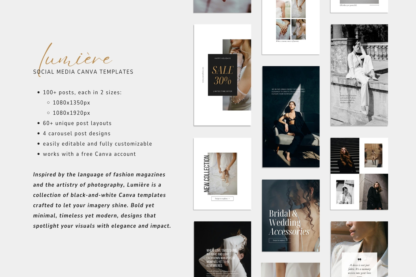 Minimal, editorial social media Canva templates for photographers and fashion brands. Black and white, bold, elegant, timeless.