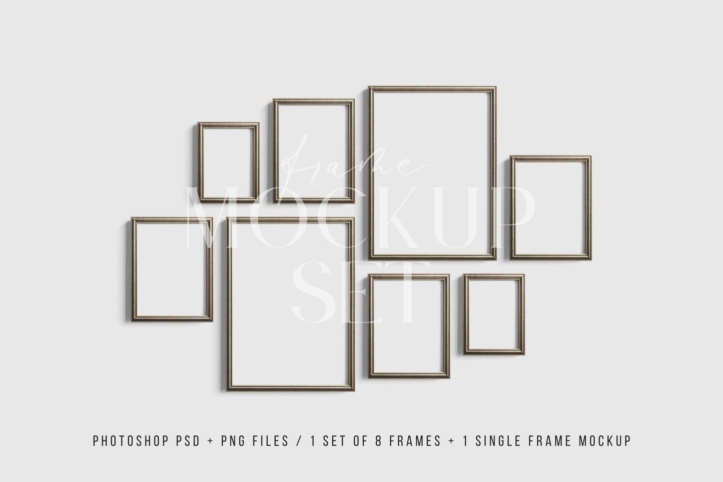Gallery Wall Mockup | Metallic Frame Mockup Set of 8 Vertical Frames 5:7, 3:4 | Vintage Silver Frame Mockup Set | PSD Template + Transparent PNG Files