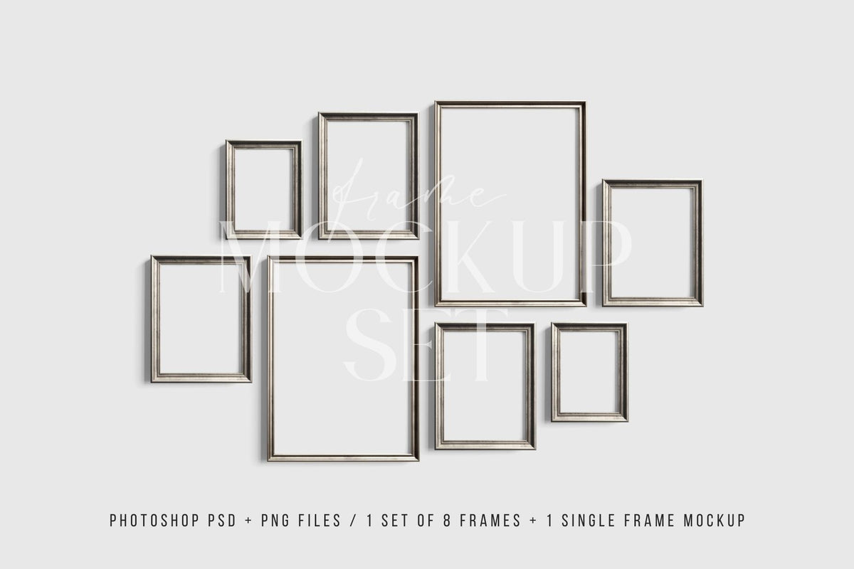 Vintage Silver Metallic Frame Mockup Set of 8 Vertical Frames 5:7, 3:4 ...