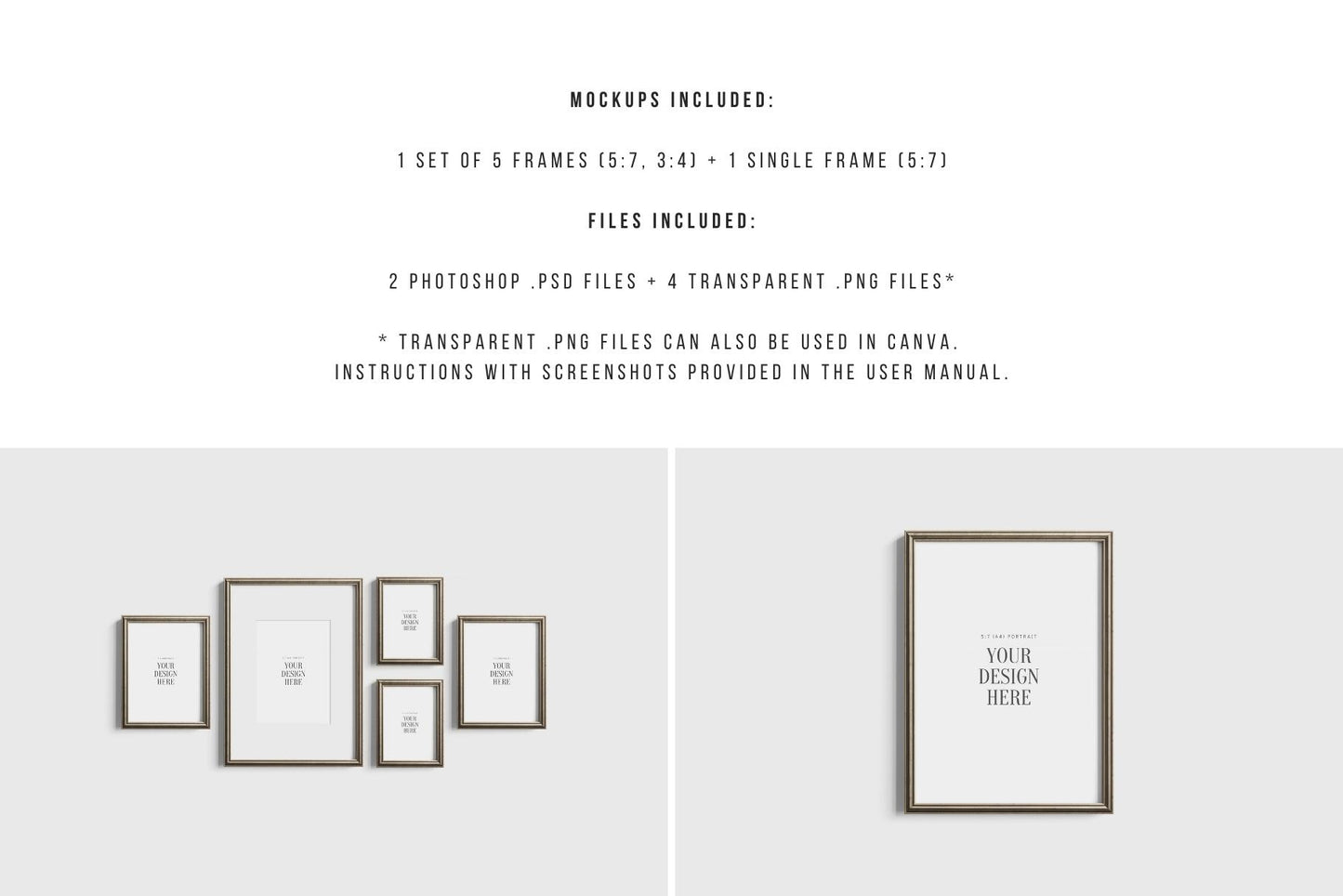Gallery Wall Mockup | Metallic Frame Mockup Set of 5 Vertical Frames 5:7, 3:4 | Vintage Silver Frame Mockup Set | PSD Template + Transparent PNG Files