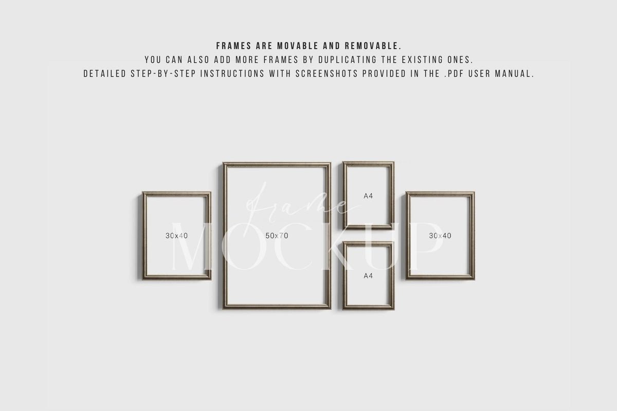 Vintage Silver Metallic Frame Mockup Set of 5 Vertical Frames 5:7, 3:4 ...