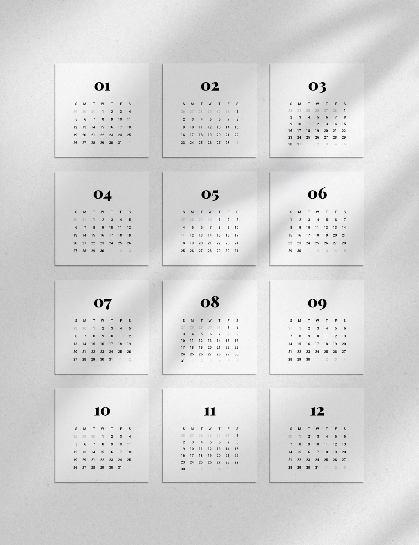 2025 Calendar | 4x4 | 3x3 | 2x2 | Printable Journaling & Planner Cards | Printable Mini Calendar 2025 | Bujo Calendar 2025 | Minimal Aesthetic | Clean Design | Monday Start + Sunday Start | PDF + JPEG | 01