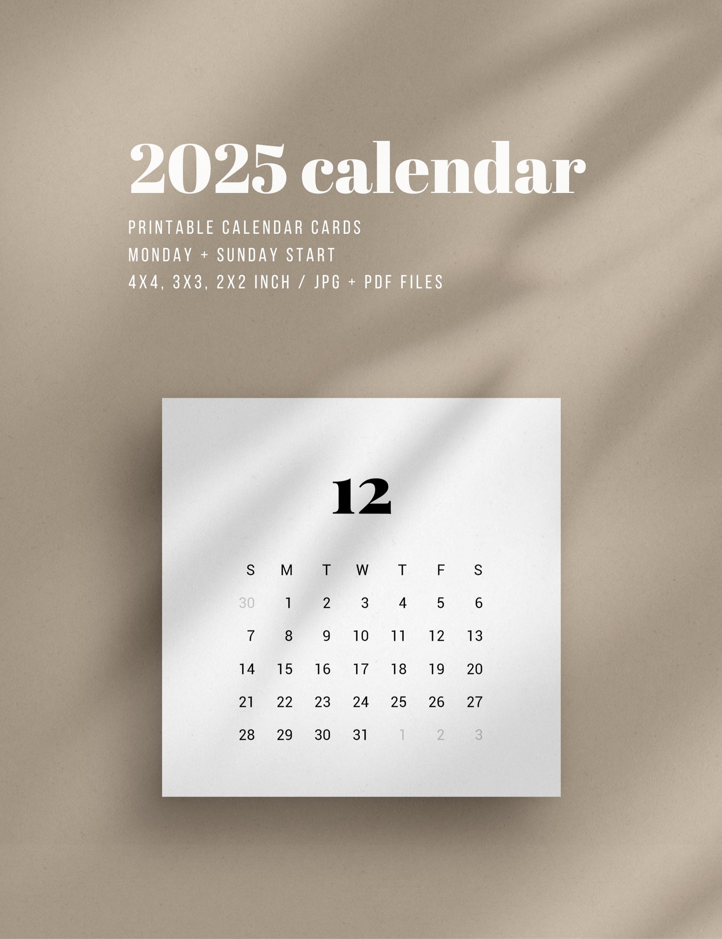 2025 Calendar | 4x4 | 3x3 | 2x2 | Printable Journaling & Planner Cards | Printable Mini Calendar 2025 | Bujo Calendar 2025 | Minimal Aesthetic | Clean Design | Monday Start + Sunday Start | PDF + JPEG | 01