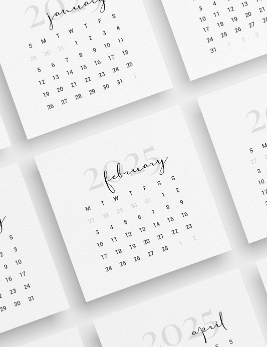 2025 Calendar | 4x4 | 3x3 | 2x2 | Printable Journaling and Planner Cards | Printable Mini Calendar 2025 | Bujo Calendar 2025 | Minimal Aesthetic | Clean Design | Monday Start + Sunday Start | PDF + JPEG | 02