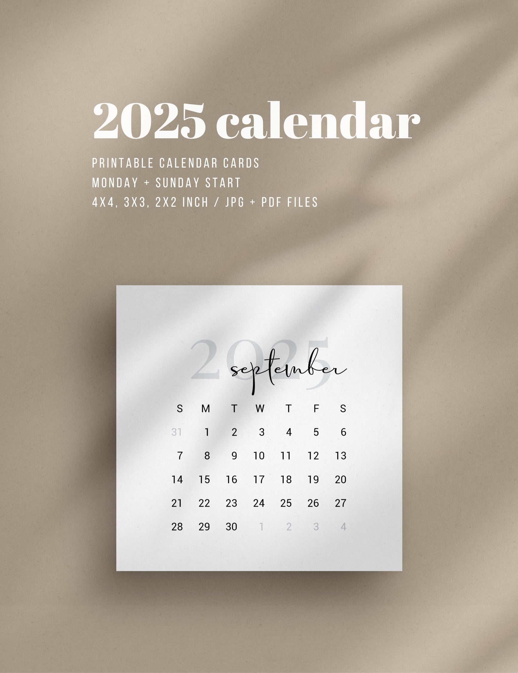 2025 Calendar | 4x4 | 3x3 | 2x2 | Printable Journaling and Planner Cards | Printable Mini Calendar 2025 | Bujo Calendar 2025 | Minimal Aesthetic | Clean Design | Monday Start + Sunday Start | PDF + JPEG | 02