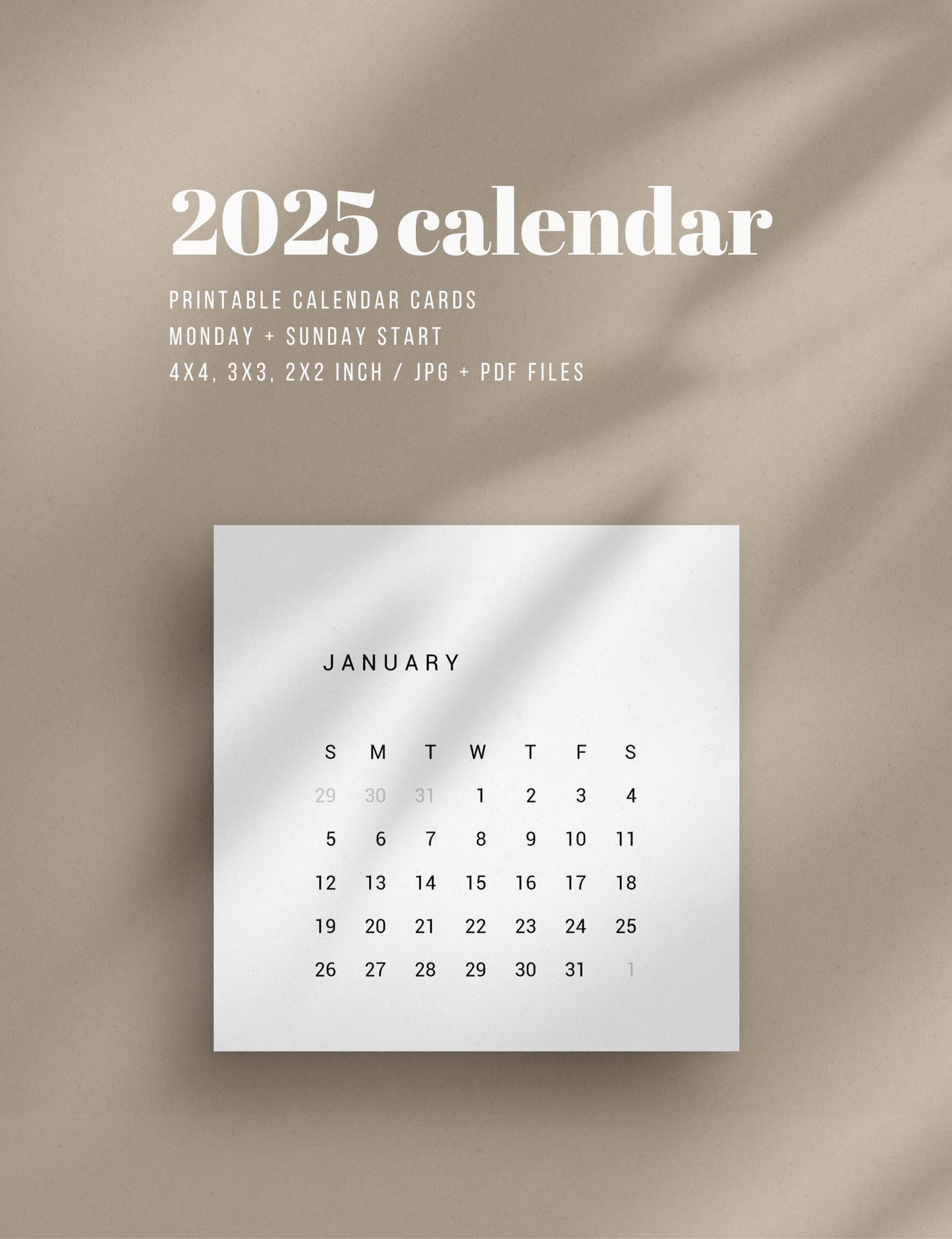 2025 Calendar | 4x4 | 3x3 | 2x2 | Printable Journaling and Planner Cards | Printable Mini Calendar 2025 | Bujo Calendar 2025 | Minimal Aesthetic | Clean Design | Monday Start + Sunday Start | PDF + JPEG | 03