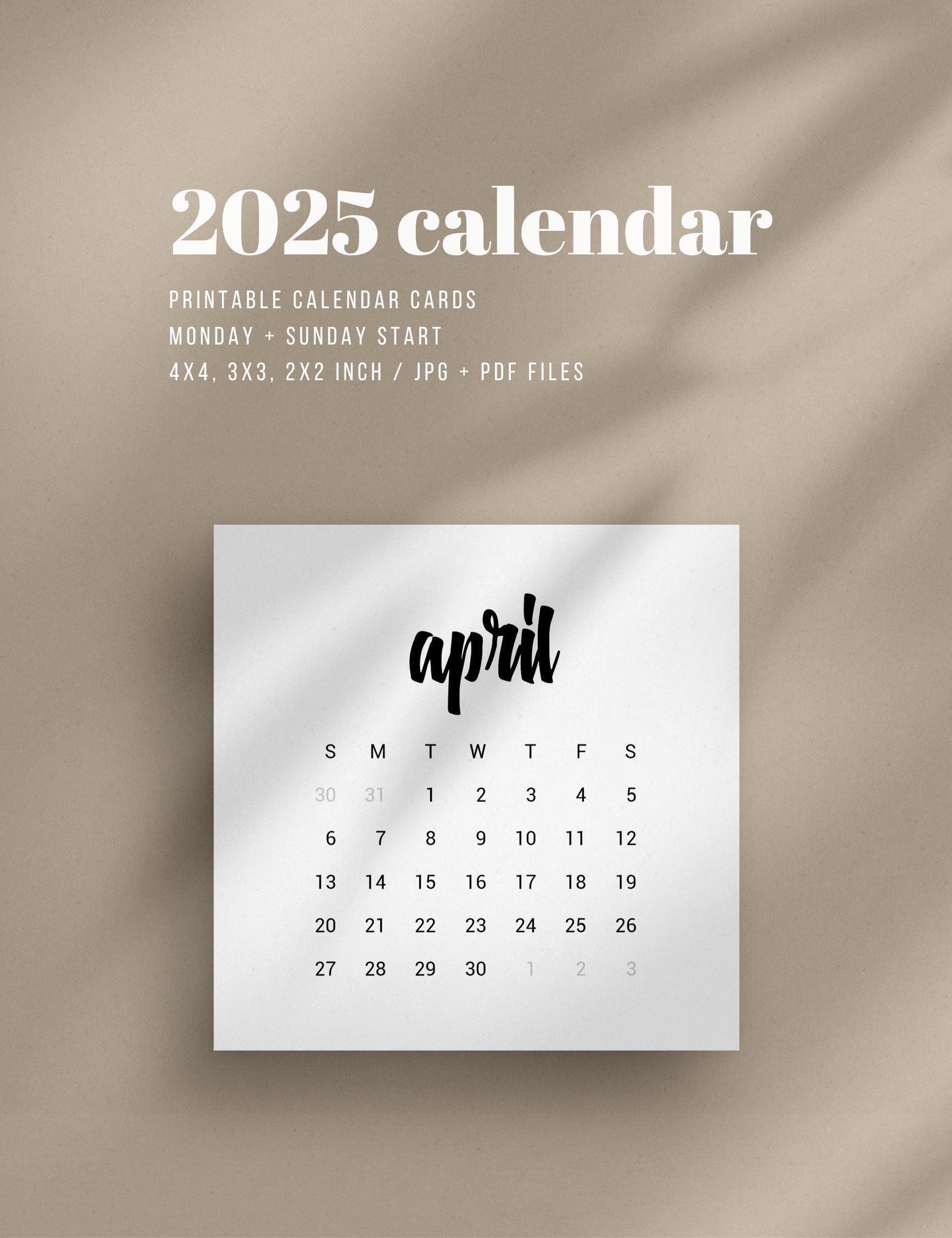 2025 Calendar | 4x4 | 3x3 | 2x2 | Printable Journaling and Planner Cards | Printable Mini Calendar 2025 | Bujo Calendar 2025 | Minimal Aesthetic | Clean Design | Monday Start + Sunday Start | PDF + JPEG | 04