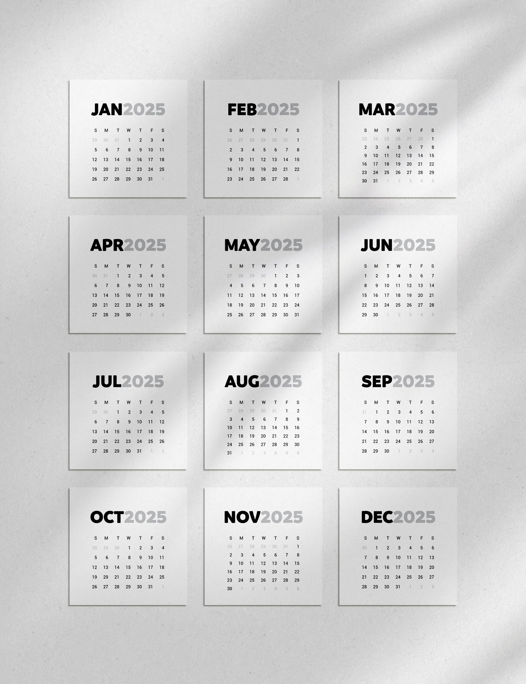 2025 Calendar | 4x4 | 3x3 | 2x2 | Printable Journaling and Planner Cards | Printable Mini Calendar 2025 | Bujo Calendar 2025 | Minimal Aesthetic | Clean Design | Monday Start + Sunday Start | PDF + JPEG | 05