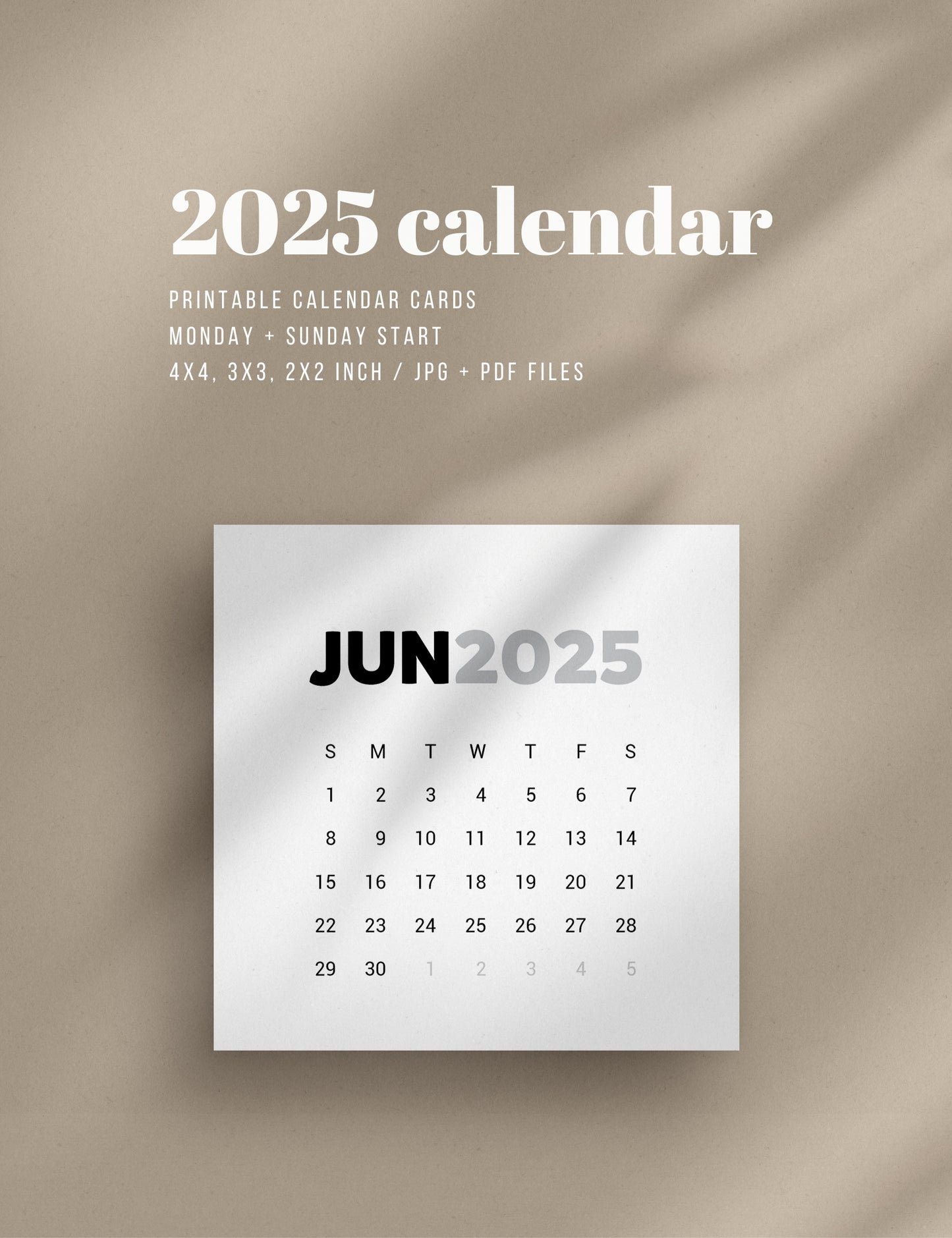 2025 Calendar | 4x4 | 3x3 | 2x2 | Printable Journaling and Planner Cards | Printable Mini Calendar 2025 | Bujo Calendar 2025 | Minimal Aesthetic | Clean Design | Monday Start + Sunday Start | PDF + JPEG | 05