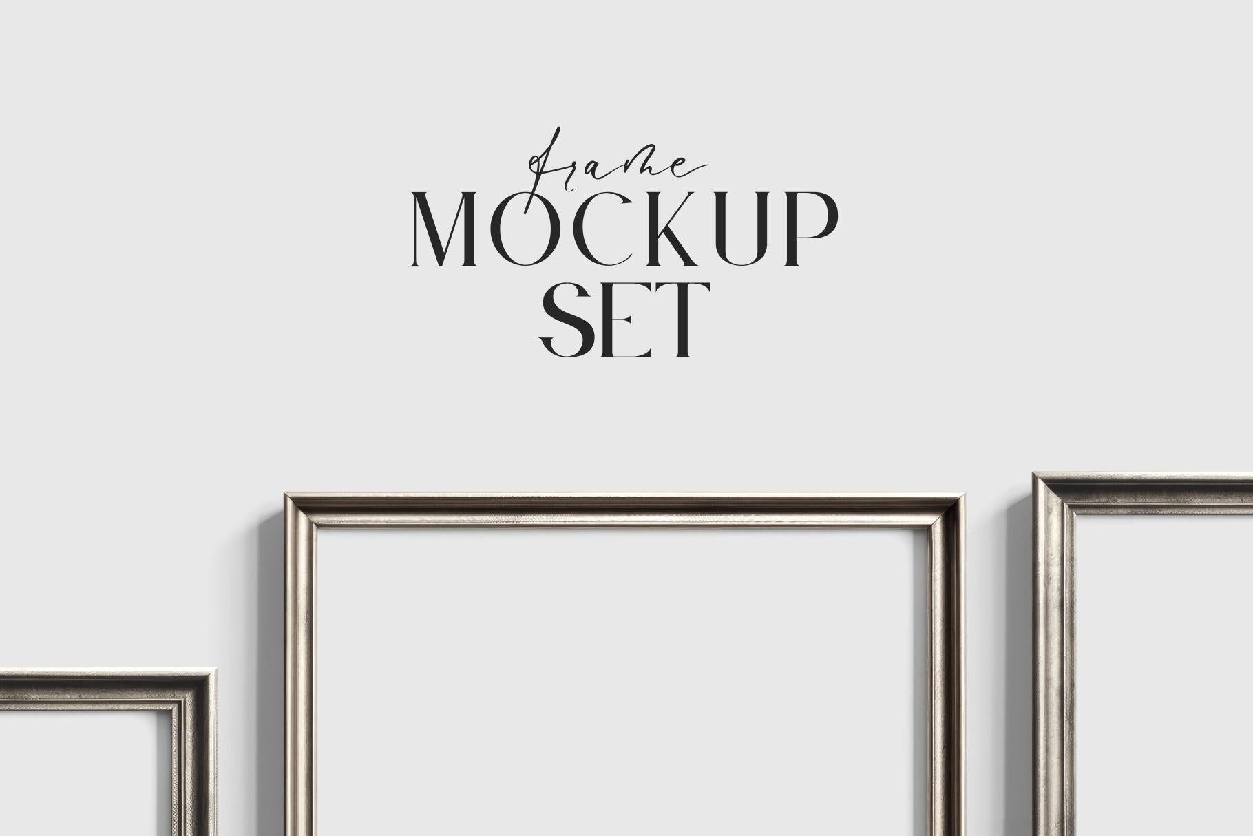 Gallery Wall Mockup | Metallic Frame Mockup Set of 5 Vertical Frames 5:7, 3:4 | Vintage Silver Frame Mockup Set | PSD Template + Transparent PNG Files