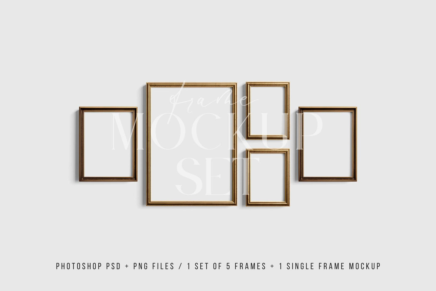 Gallery Wall Mockup | Metallic Frame Mockup Set of 5 Vertical Frames 5:7, 3:4 | Vintage Gold Frame Mockup Set | PSD Template + Transparent PNG Files