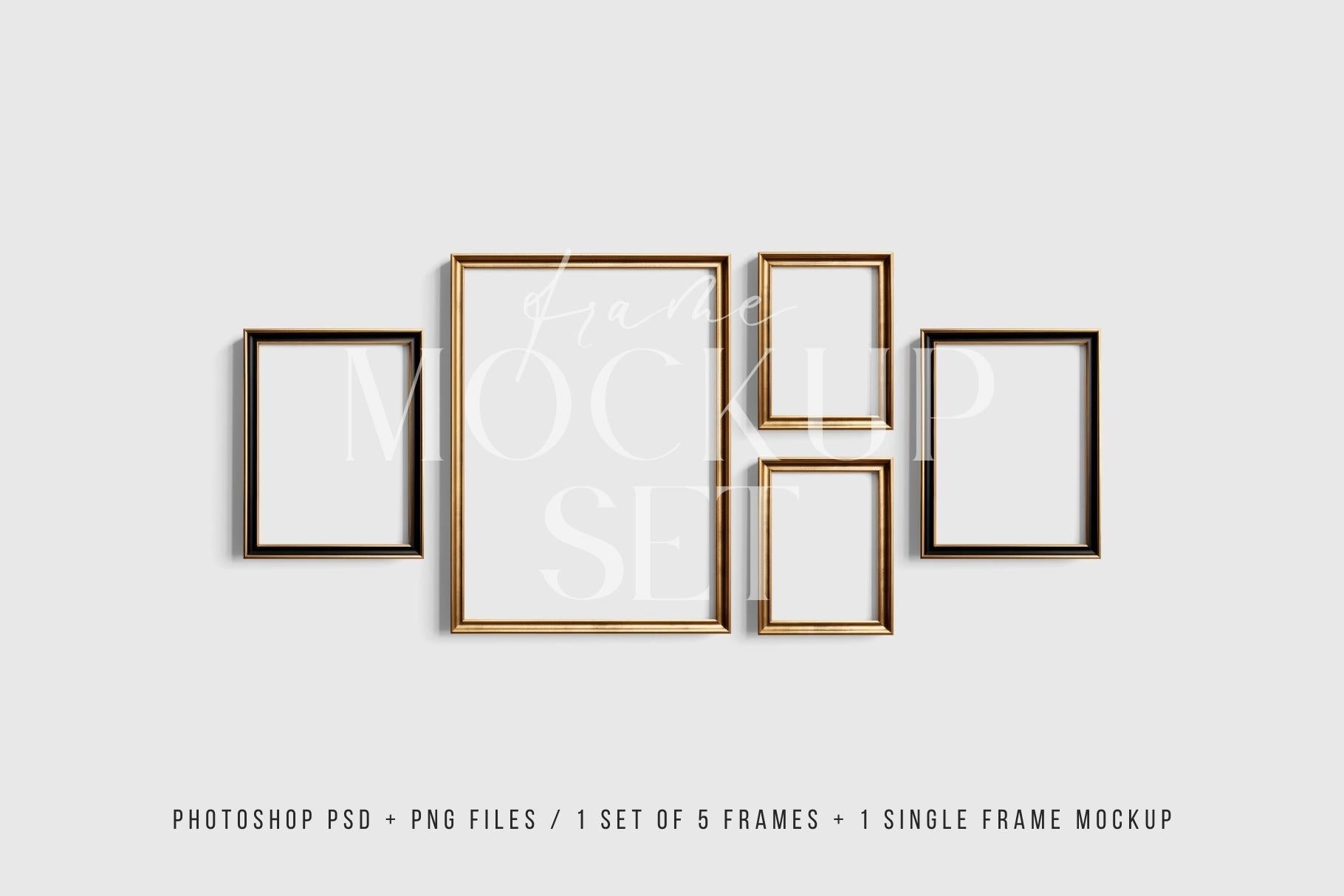 Gallery Wall Mockup | Metallic Frame Mockup Set of 5 Vertical Frames 5:7, 3:4 | Elegant Black and Gold Frame Mockup Set | PSD Template + Transparent PNG Files