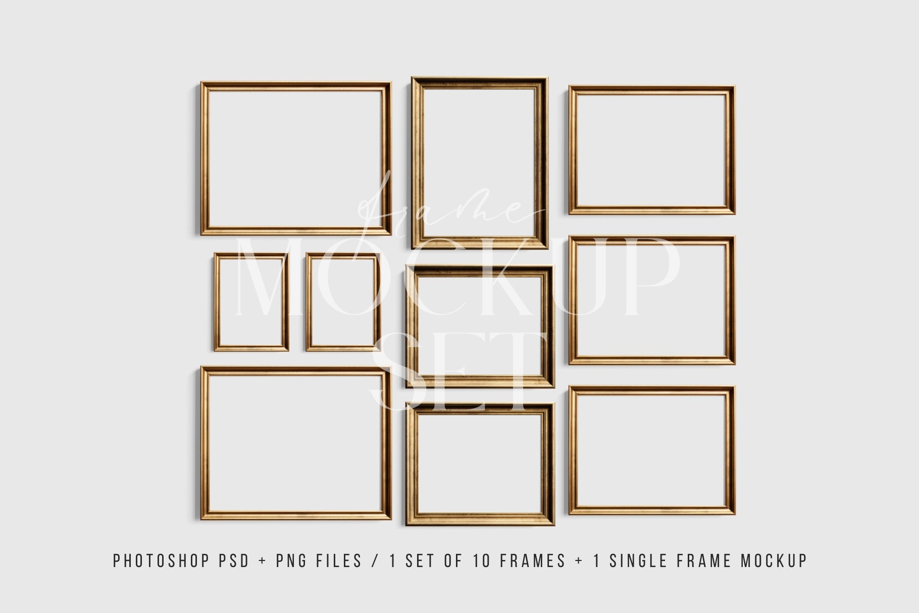 Vintage Gold Metallic Gallery Wall Mockup | Frame Mockup Set of 10 Vertical and Horizontal Frames | Vintage Gold Frame Mockup Set | PSD Template + Transparent PNG Files