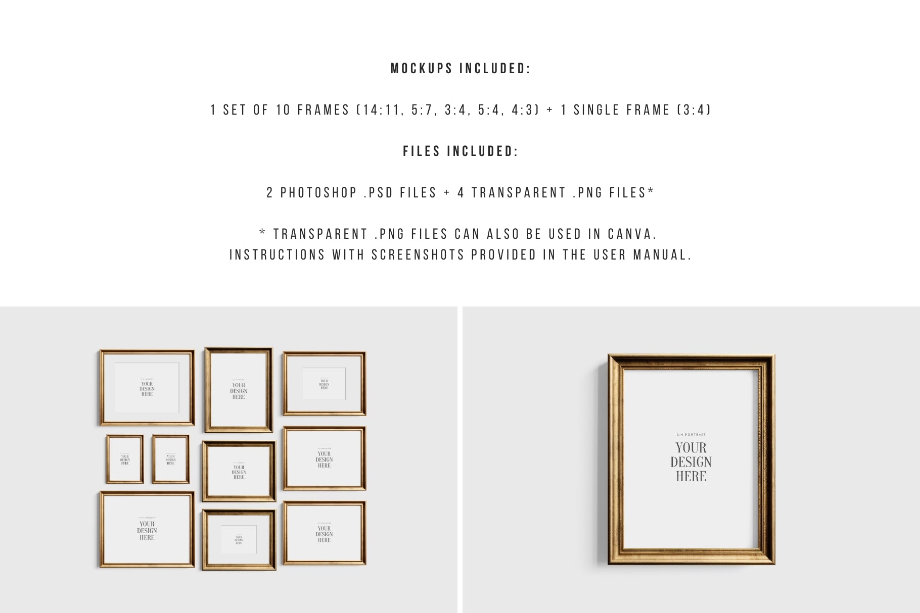 Vintage Gold Metallic Gallery Wall Mockup | Frame Mockup Set of 10 Vertical and Horizontal Frames | Vintage Gold Frame Mockup Set | PSD Template + Transparent PNG Files