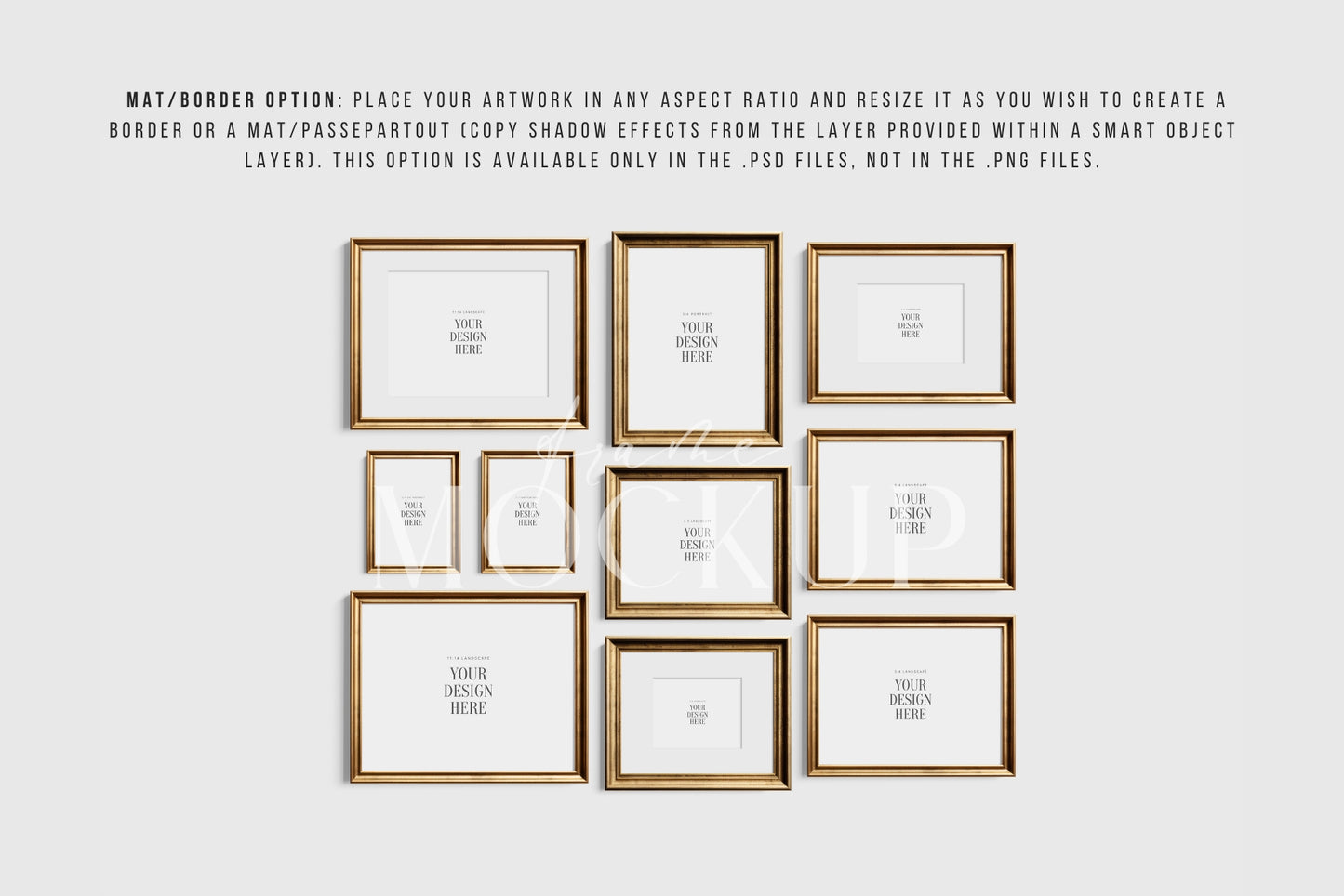 Vintage Gold Metallic Gallery Wall Mockup | Frame Mockup Set of 10 Vertical and Horizontal Frames | Vintage Gold Frame Mockup Set | PSD Template + Transparent PNG Files