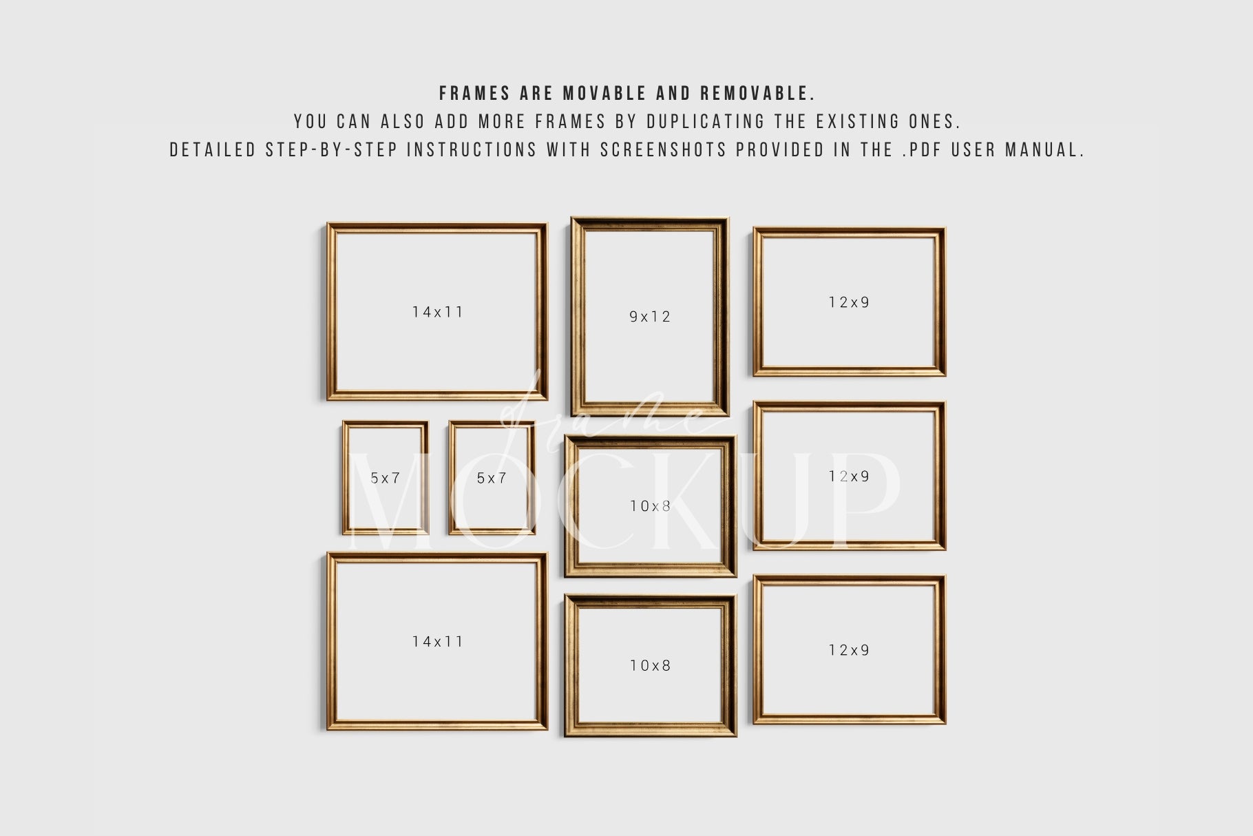Vintage Gold Metallic Gallery Wall Mockup | Frame Mockup Set of 10 Vertical and Horizontal Frames | Vintage Gold Frame Mockup Set | PSD Template + Transparent PNG Files