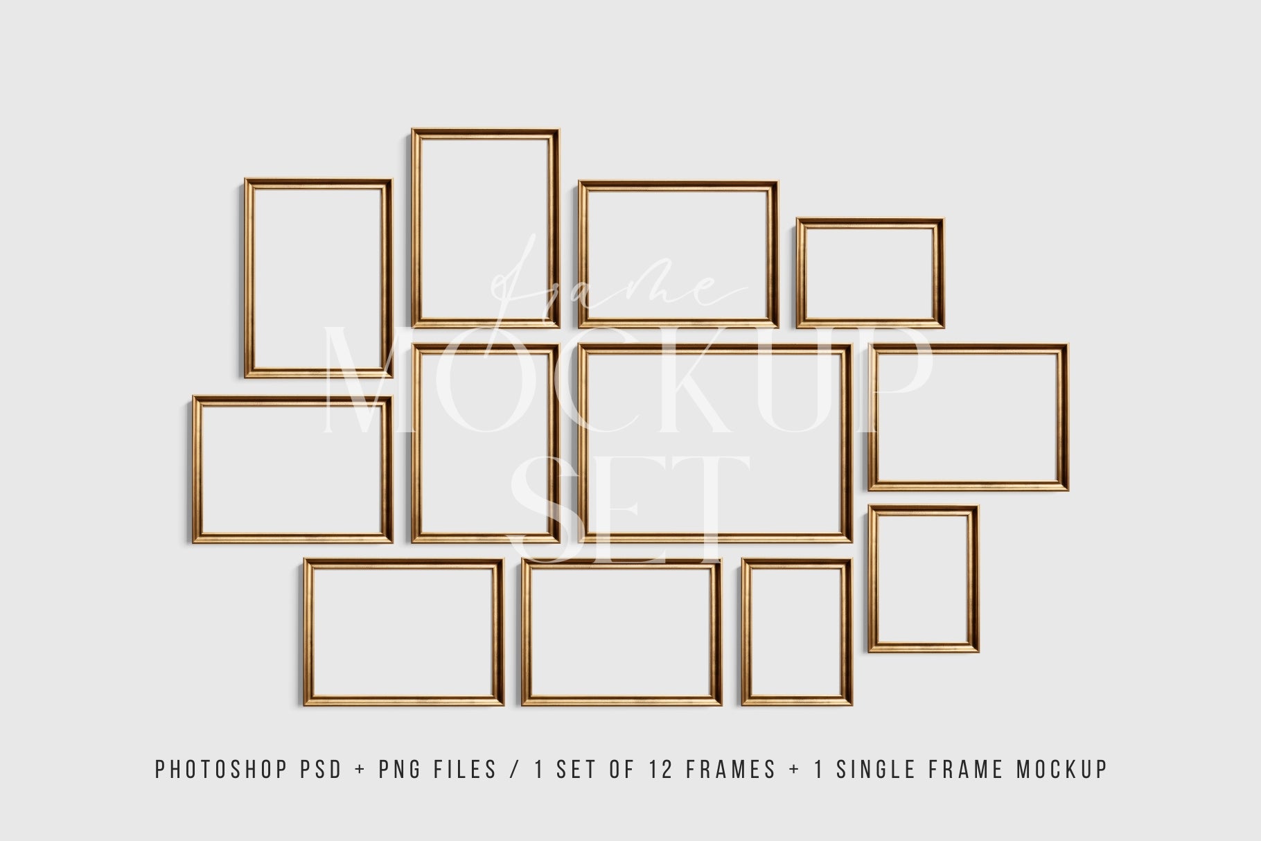 Gold Metallic Gallery Wall Mockup | Frame Mockup Set of 12 Vertical and Horizontal Frames A4, A3, A2 | Vintage Gold Frame Mockup Set | PSD Template + Transparent PNG Files