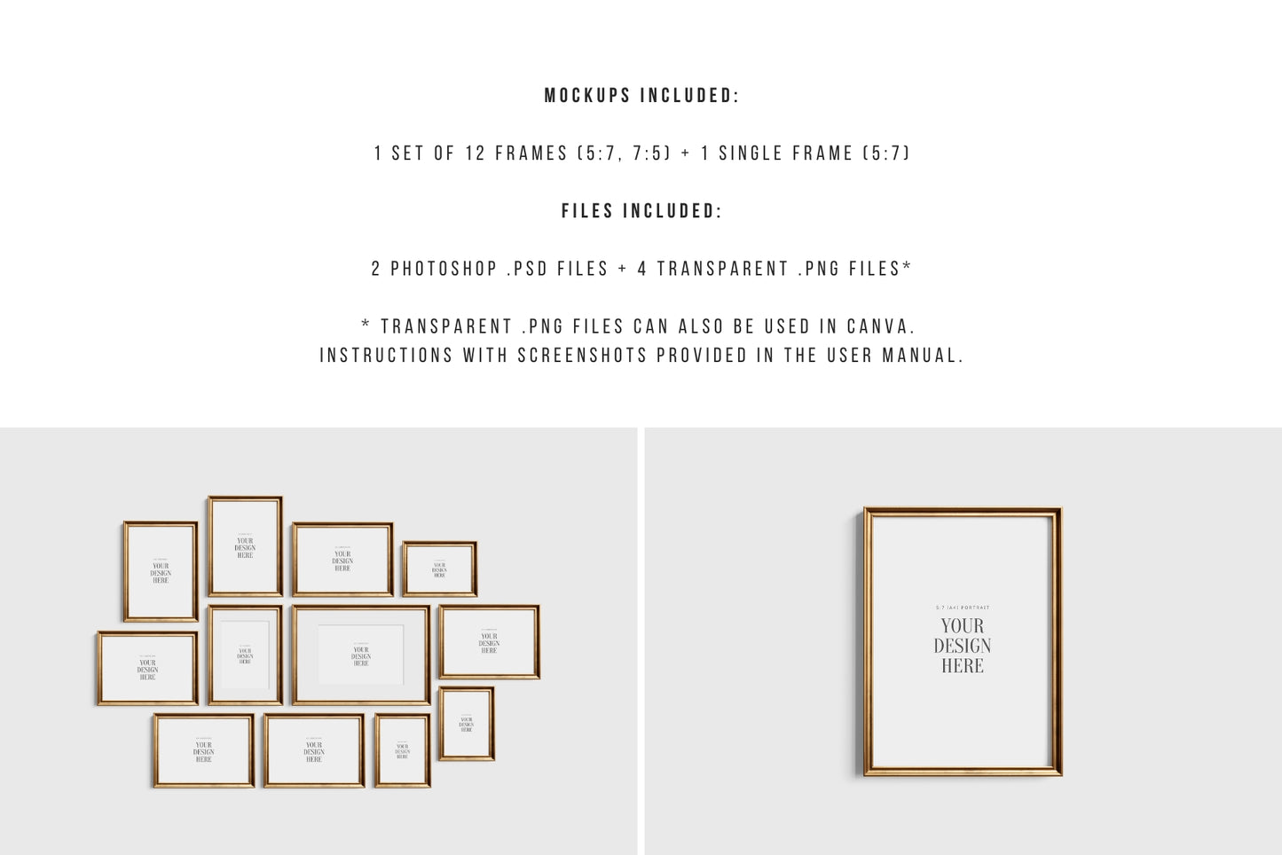 Gold Metallic Gallery Wall Mockup | Frame Mockup Set of 12 Vertical and Horizontal Frames A4, A3, A2 | Vintage Gold Frame Mockup Set | PSD Template + Transparent PNG Files