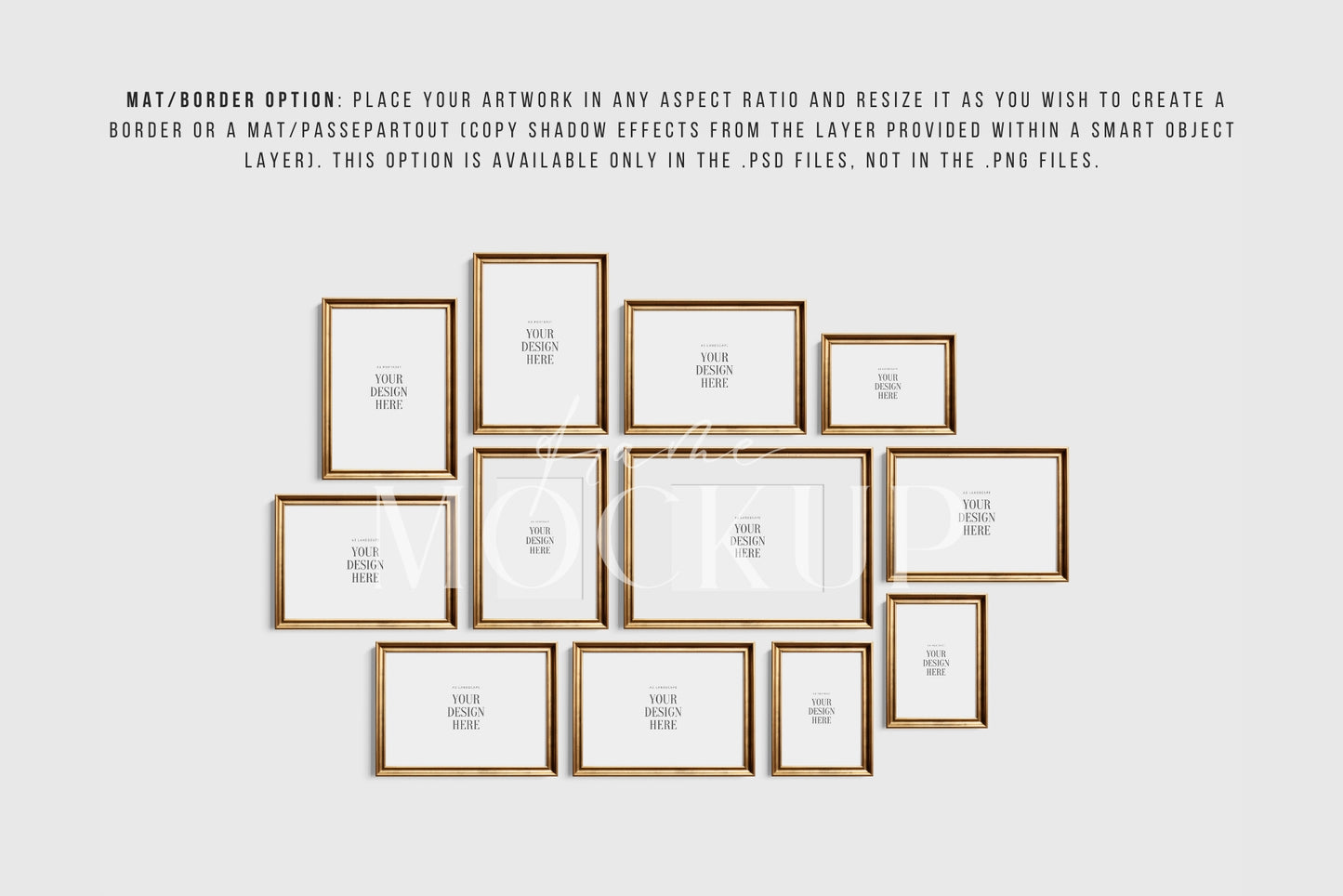 Gold Metallic Gallery Wall Mockup | Frame Mockup Set of 12 Vertical and Horizontal Frames A4, A3, A2 | Vintage Gold Frame Mockup Set | PSD Template + Transparent PNG Files