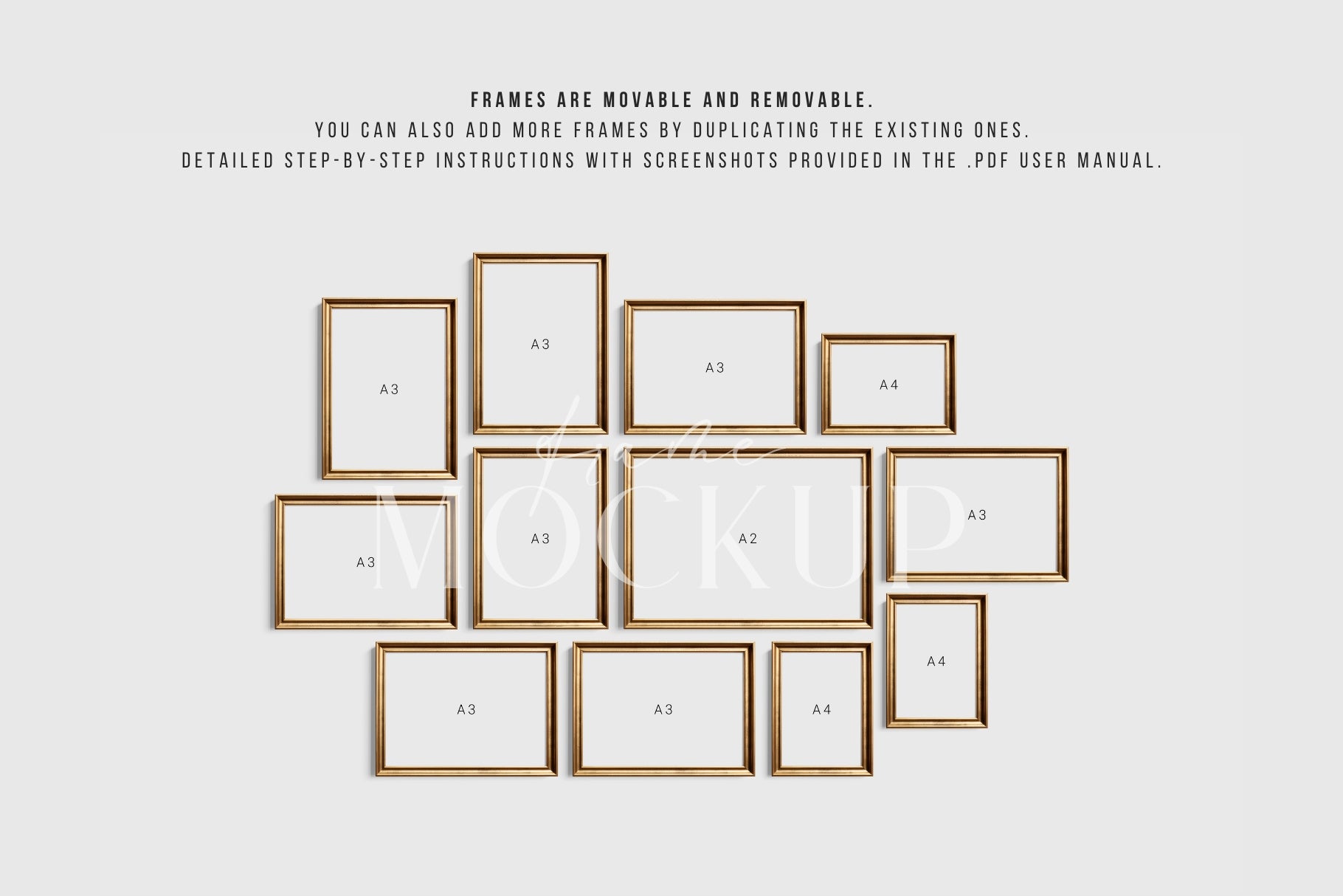 Gold Metallic Gallery Wall Mockup | Frame Mockup Set of 12 Vertical and Horizontal Frames A4, A3, A2 | Vintage Gold Frame Mockup Set | PSD Template + Transparent PNG Files