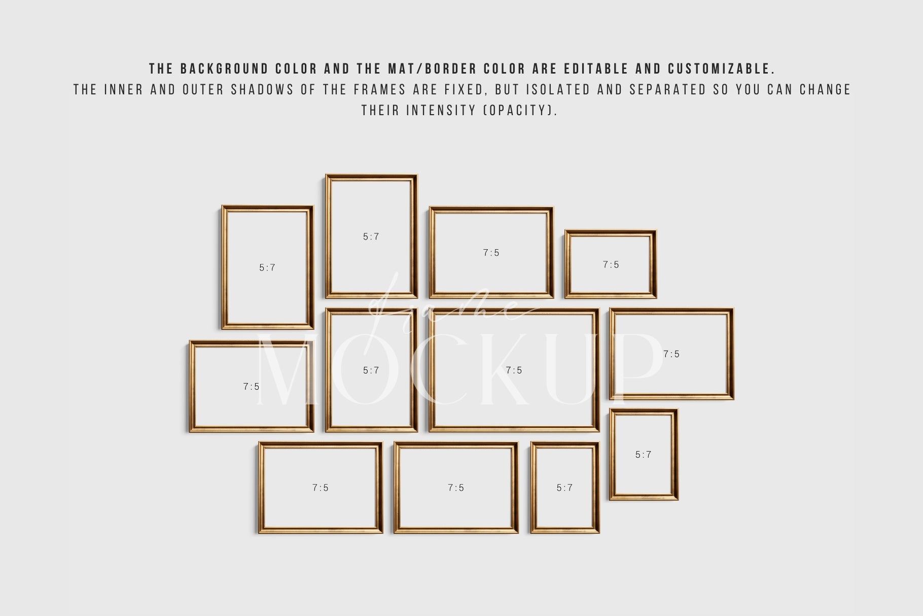 Gold Metallic Gallery Wall Mockup | Frame Mockup Set of 12 Vertical and Horizontal Frames A4, A3, A2 | Vintage Gold Frame Mockup Set | PSD Template + Transparent PNG Files