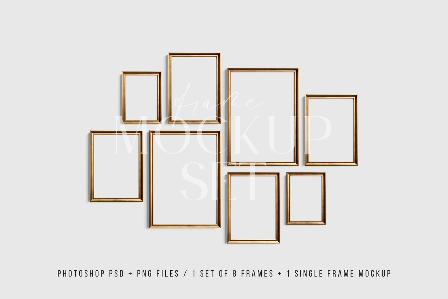 Gold Metallic Gallery Wall Mockup | Frame Mockup Set of 8 Vertical Frames A4, A3, A2 | Aspect Ratio 5:7 | Vintage Gold Frame Mockup Set | PSD Template + Transparent PNG Files