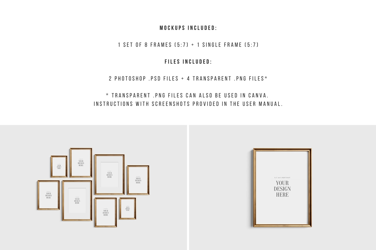 Gold Metallic Gallery Wall Mockup | Frame Mockup Set of 8 Vertical Frames A4, A3, A2 | Aspect Ratio 5:7 | Vintage Gold Frame Mockup Set | PSD Template + Transparent PNG Files