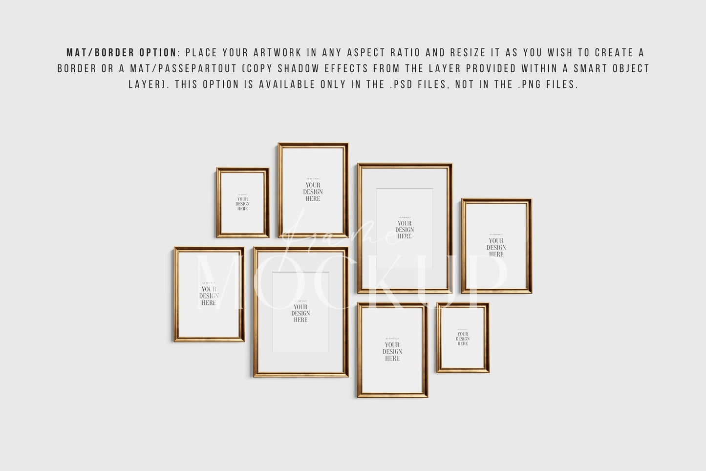 Gold Metallic Gallery Wall Mockup | Frame Mockup Set of 8 Vertical Frames A4, A3, A2 | Aspect Ratio 5:7 | Vintage Gold Frame Mockup Set | PSD Template + Transparent PNG Files