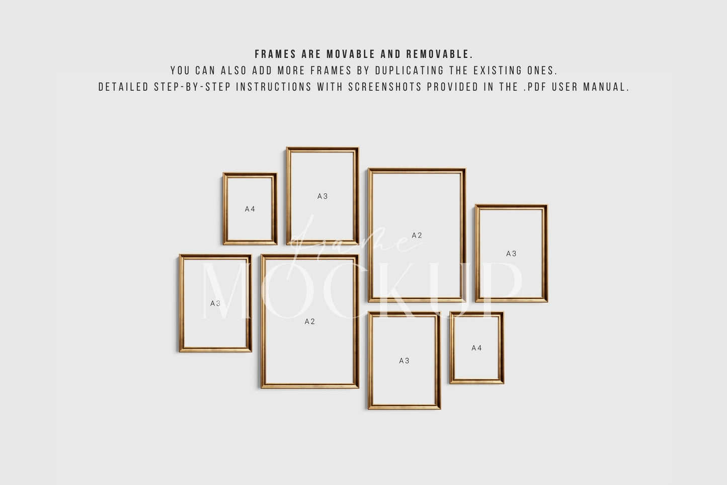 Gold Metallic Gallery Wall Mockup | Frame Mockup Set of 8 Vertical Frames A4, A3, A2 | Aspect Ratio 5:7 | Vintage Gold Frame Mockup Set | PSD Template + Transparent PNG Files