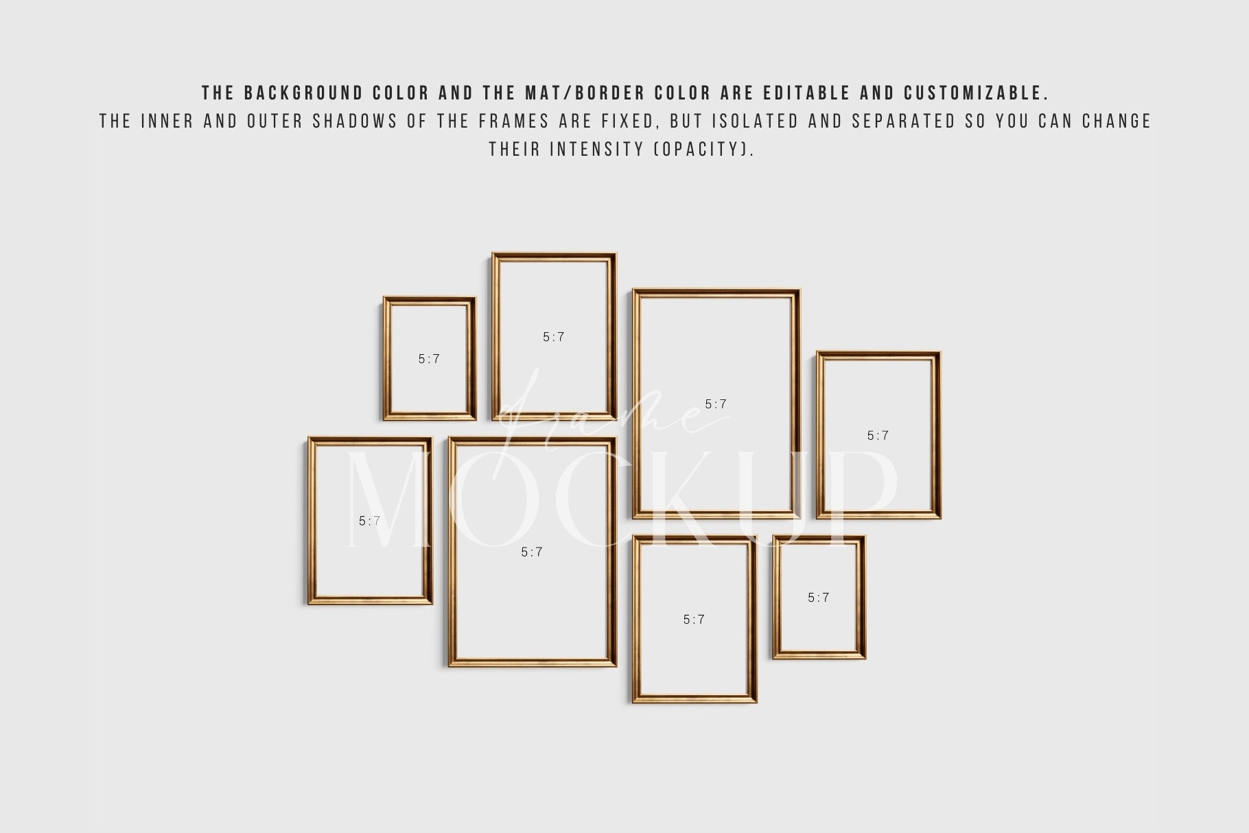 Gold Metallic Gallery Wall Mockup | Frame Mockup Set of 8 Vertical Frames A4, A3, A2 | Aspect Ratio 5:7 | Vintage Gold Frame Mockup Set | PSD Template + Transparent PNG Files