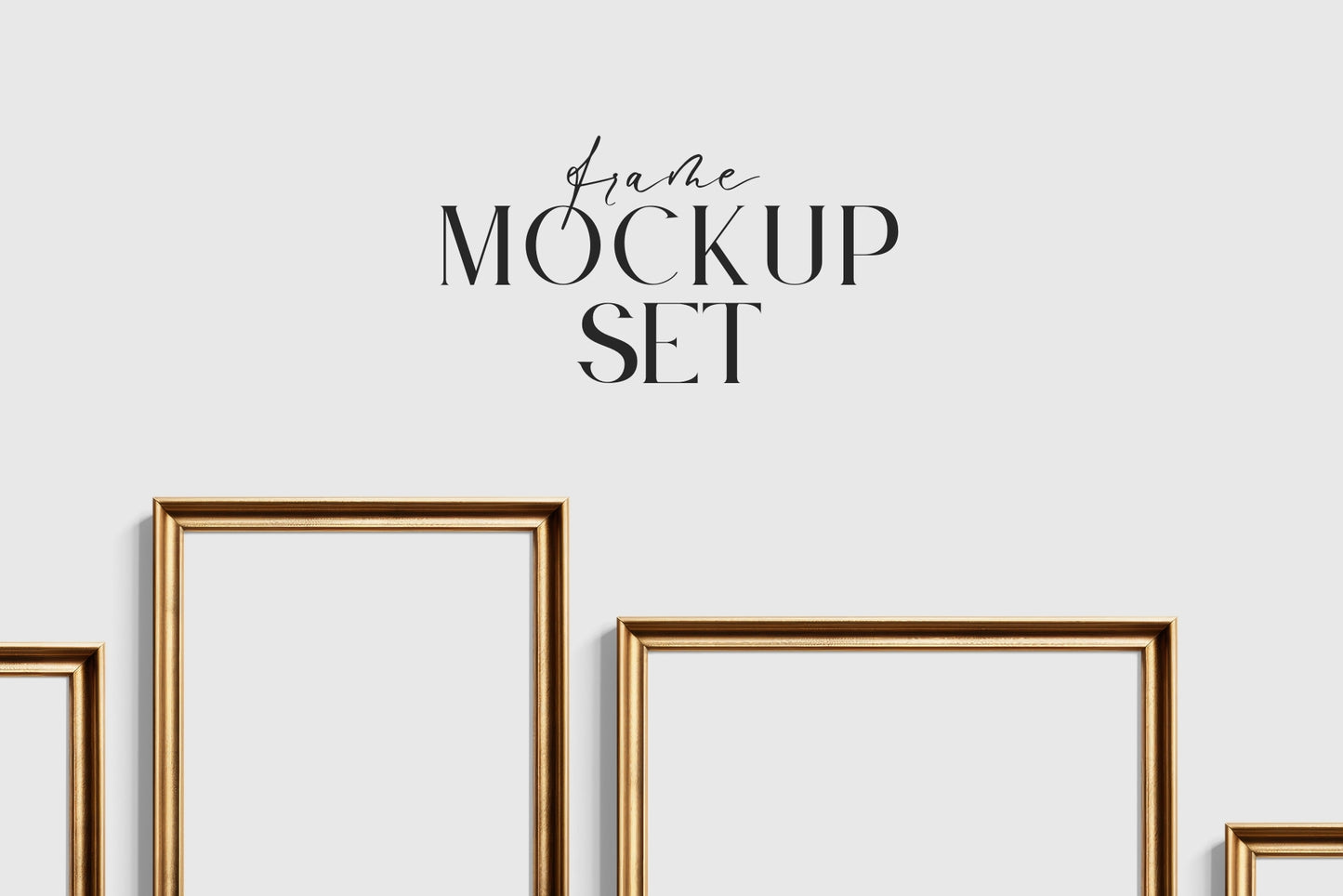 Gold Metallic Gallery Wall Mockup | Frame Mockup Set of 8 Vertical Frames A4, A3, A2 | Aspect Ratio 5:7 | Vintage Gold Frame Mockup Set | PSD Template + Transparent PNG Files