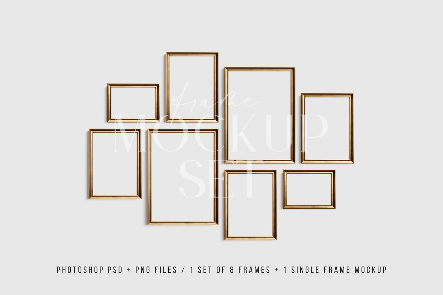 Gold Metallic Gallery Wall Mockup | Frame Mockup Set of 8 Vertical and Horizontal Frames A4, A3, A2 | Aspect Ratios 5:7 and 7:5 | Vintage Gold Frame Mockup Set | PSD Template + Transparent PNG Files