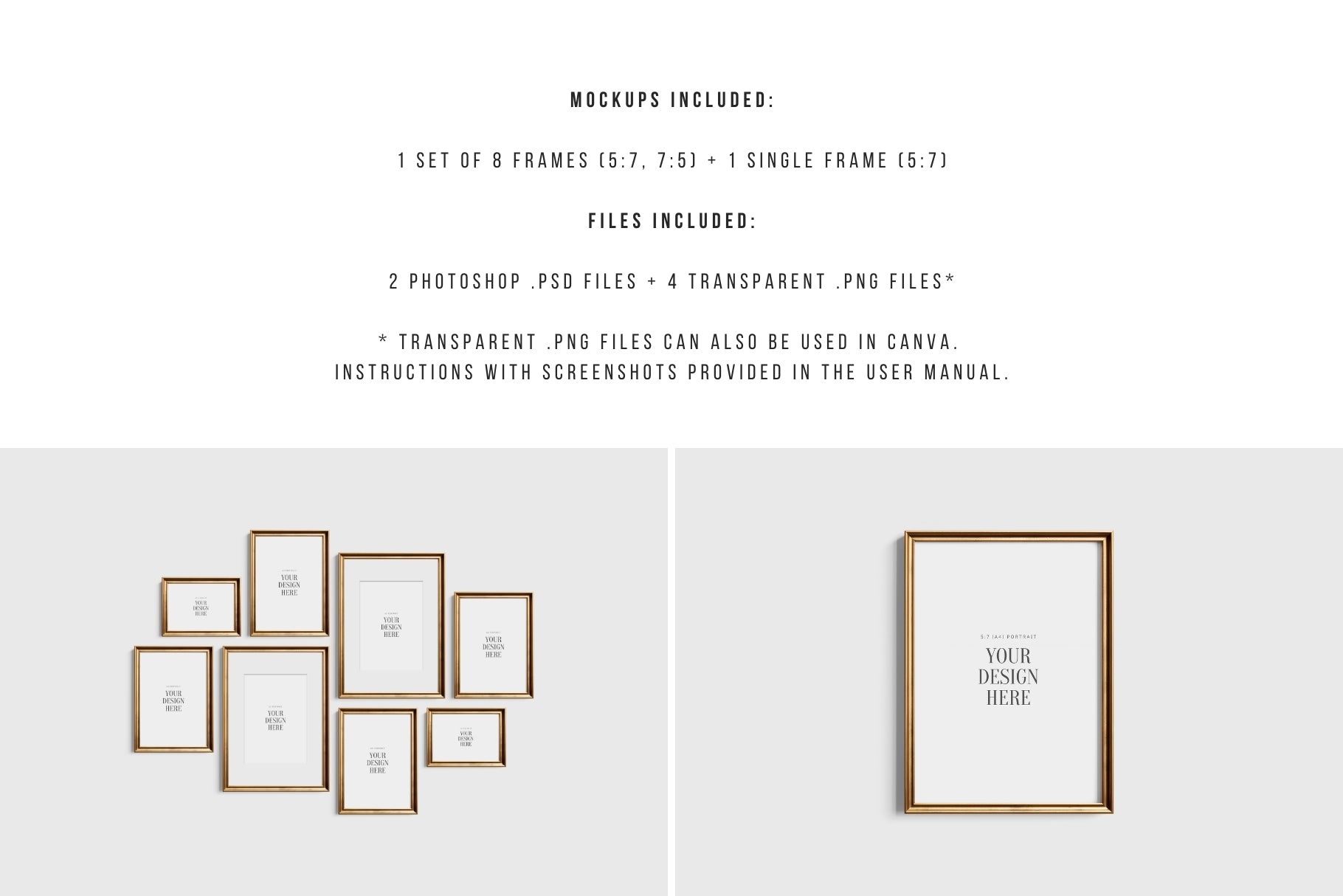 Gold Metallic Gallery Wall Mockup | Frame Mockup Set of 8 Vertical and Horizontal Frames A4, A3, A2 | Aspect Ratios 5:7 and 7:5 | Vintage Gold Frame Mockup Set | PSD Template + Transparent PNG Files