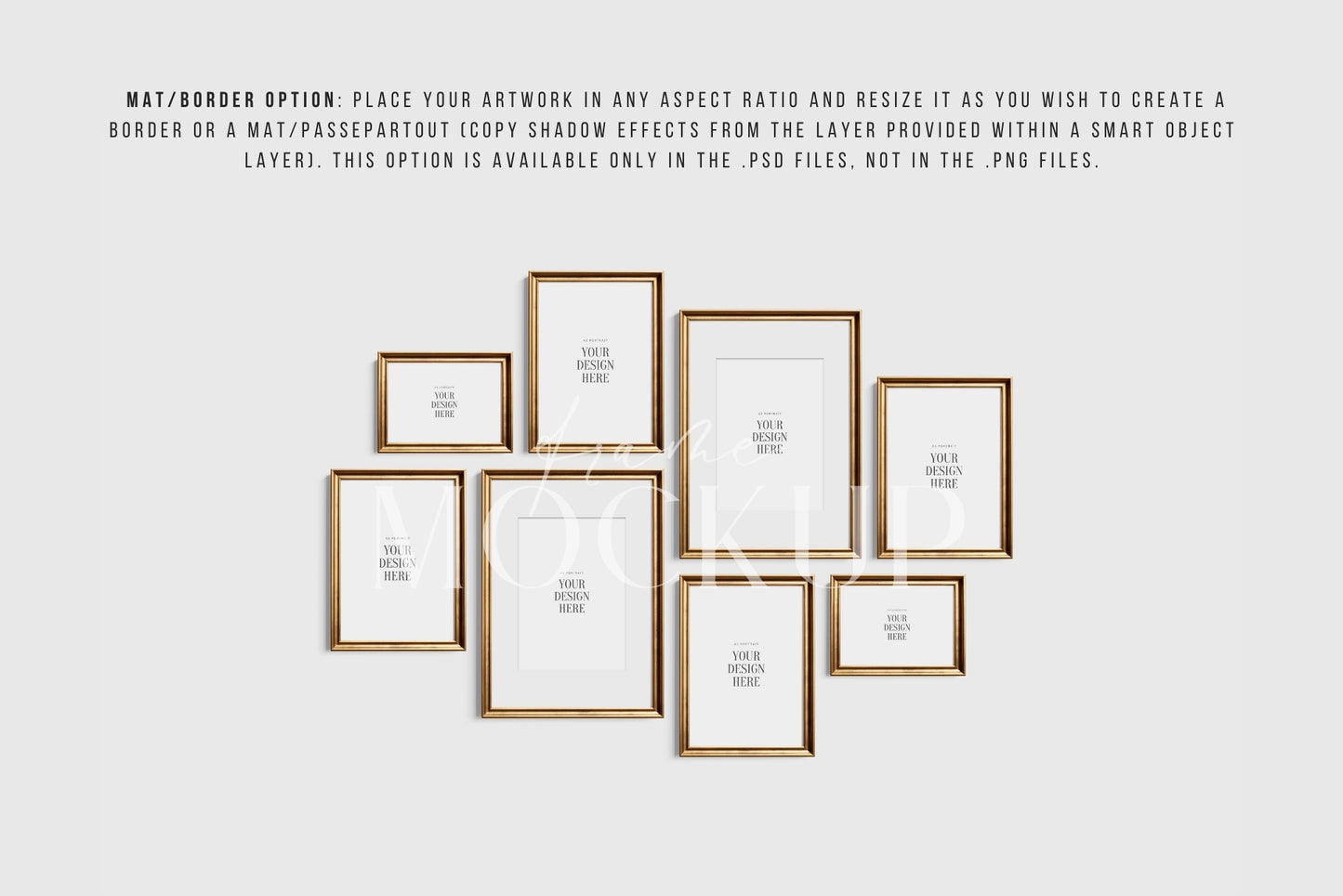 Gold Metallic Gallery Wall Mockup | Frame Mockup Set of 8 Vertical and Horizontal Frames A4, A3, A2 | Aspect Ratios 5:7 and 7:5 | Vintage Gold Frame Mockup Set | PSD Template + Transparent PNG Files