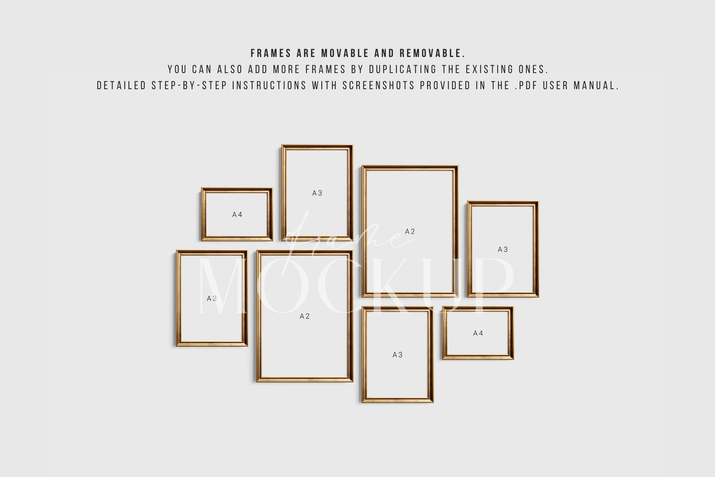 Gold Metallic Gallery Wall Mockup | Frame Mockup Set of 8 Vertical and Horizontal Frames A4, A3, A2 | Aspect Ratios 5:7 and 7:5 | Vintage Gold Frame Mockup Set | PSD Template + Transparent PNG Files