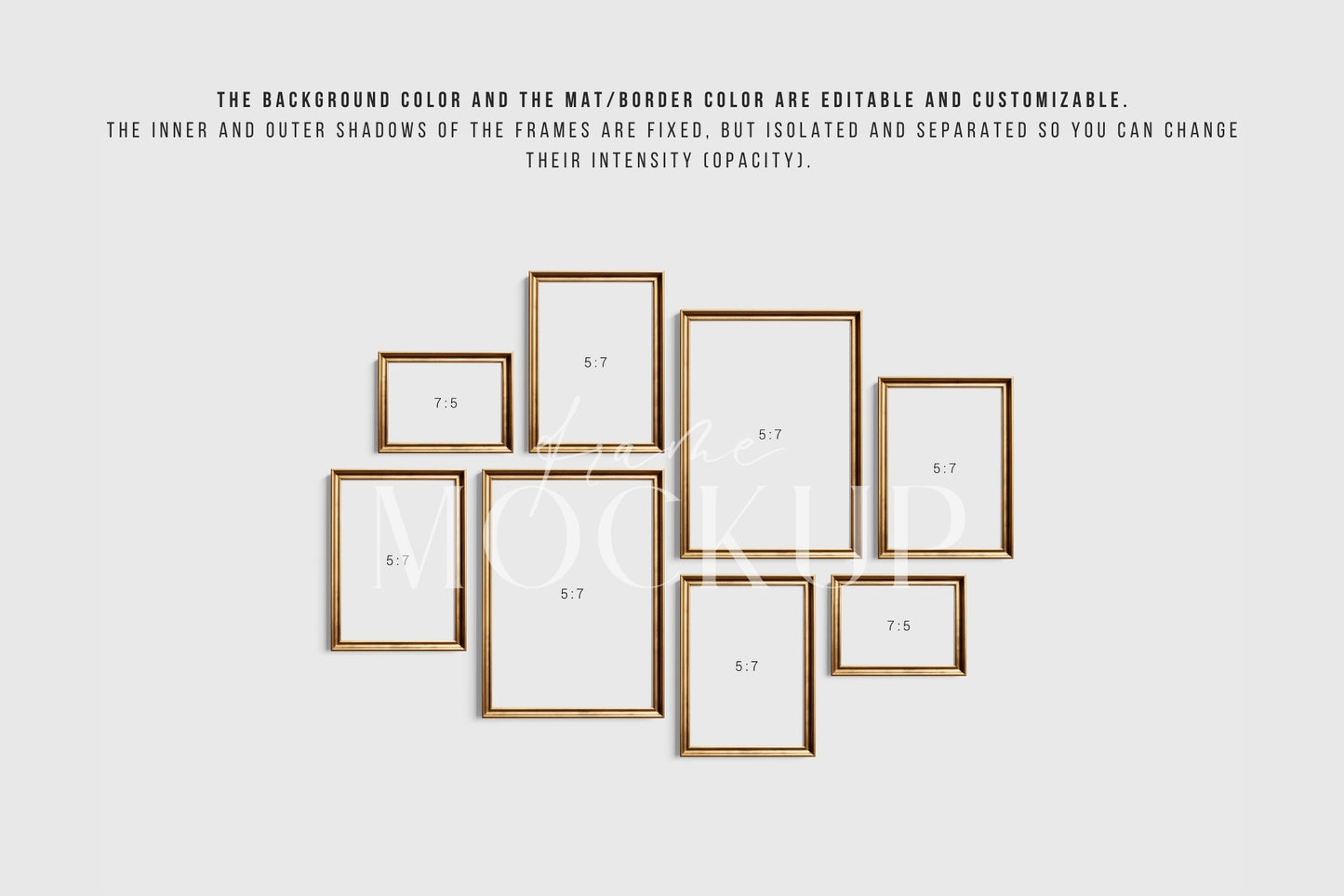 Gold Metallic Gallery Wall Mockup | Frame Mockup Set of 8 Vertical and Horizontal Frames A4, A3, A2 | Aspect Ratios 5:7 and 7:5 | Vintage Gold Frame Mockup Set | PSD Template + Transparent PNG Files